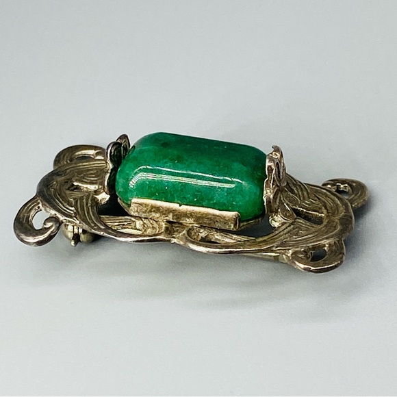Vintage Art Nouveau Sterling Silver Pin Chrysoprase Stone - Picture 14 of 16
